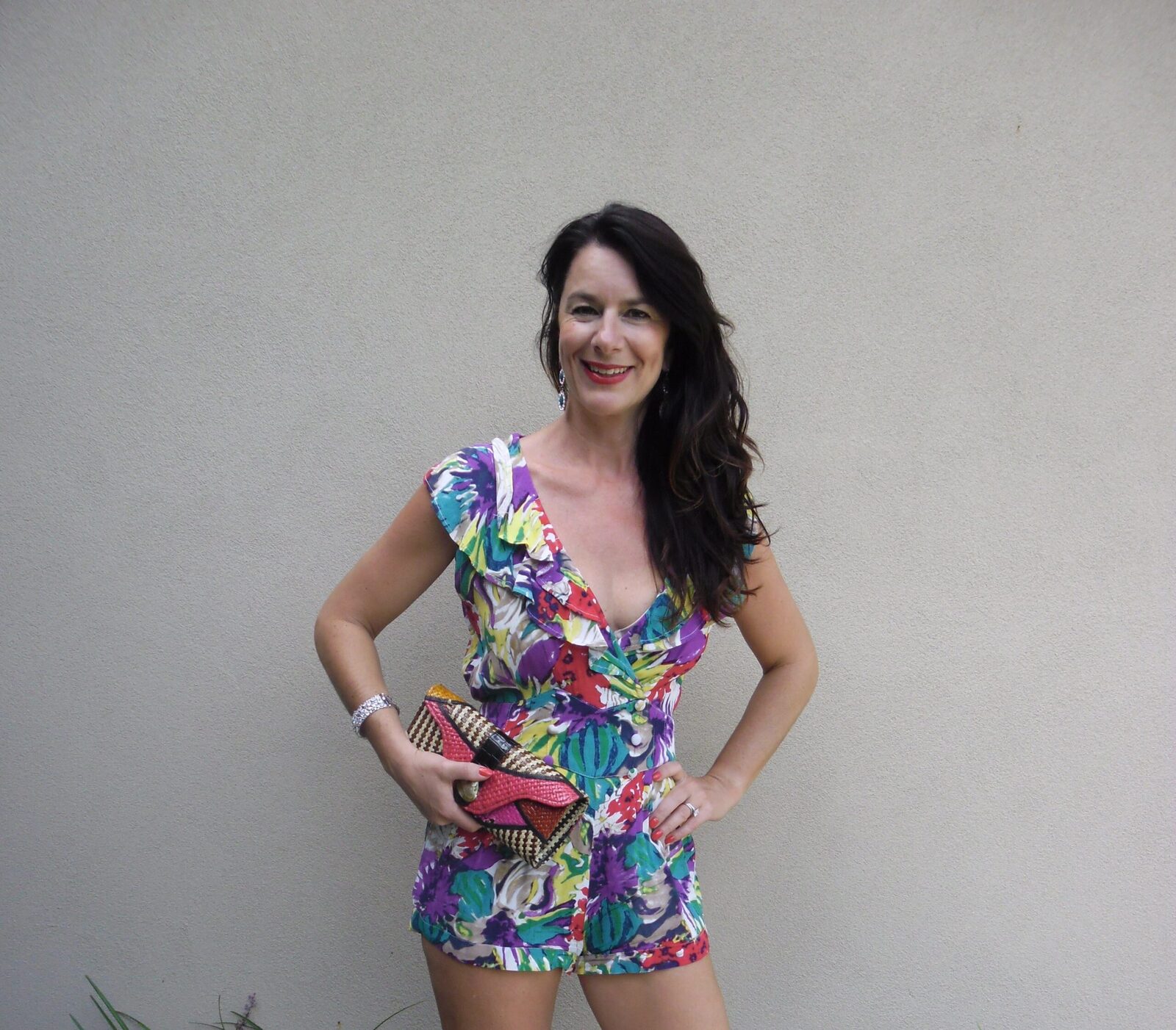 Micro shortsuit & raffia clutch