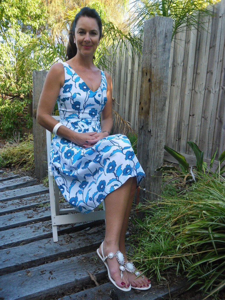 White and blue floral dress