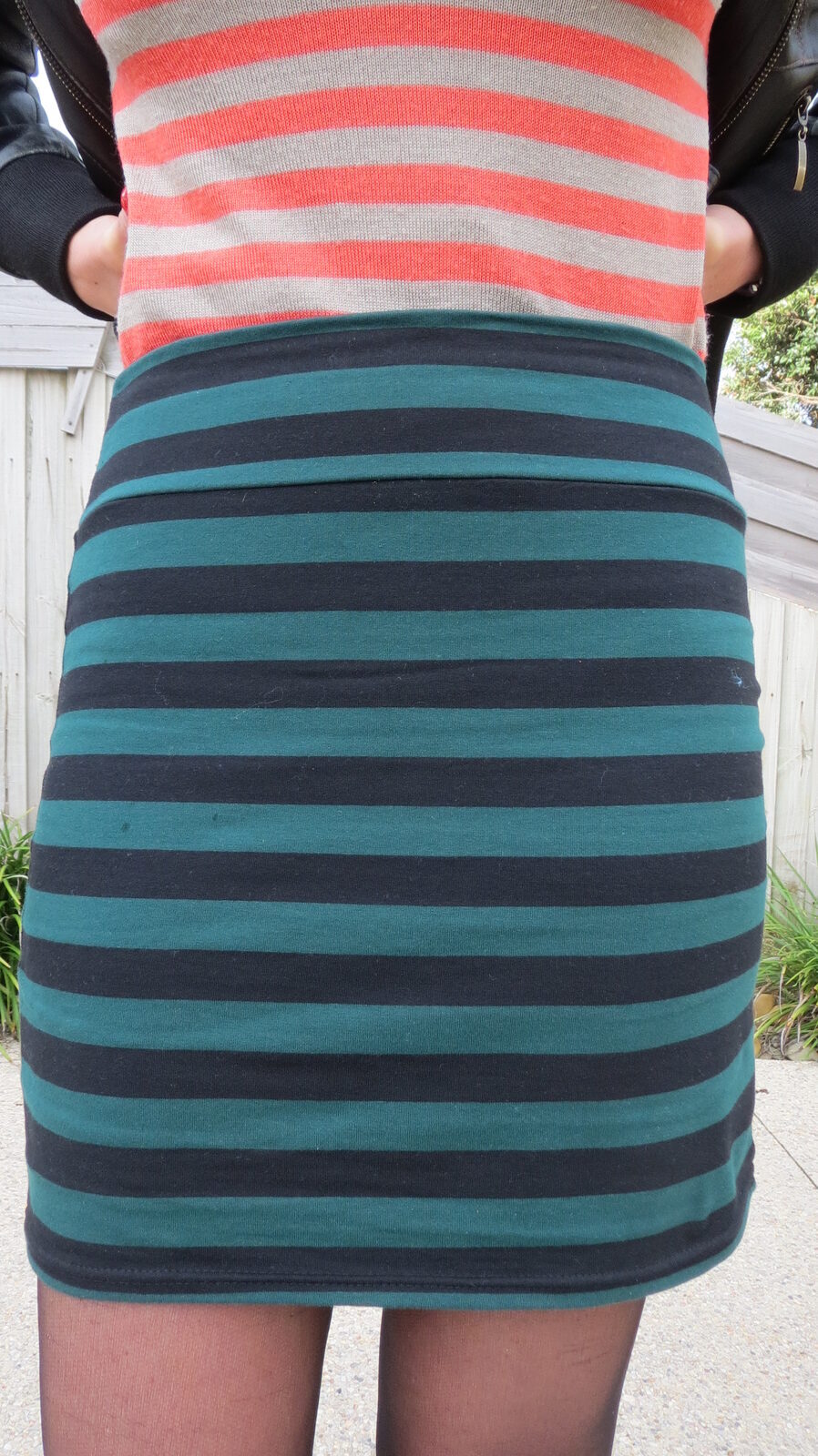 Stripe green skirt close-up