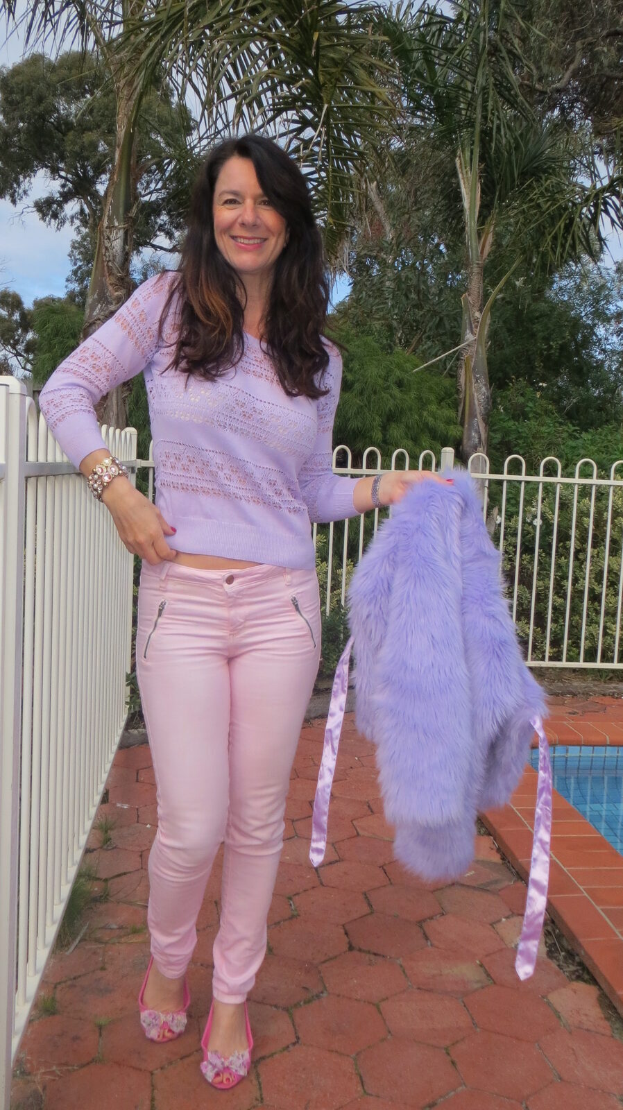 Pink jeans, lavendar top 2