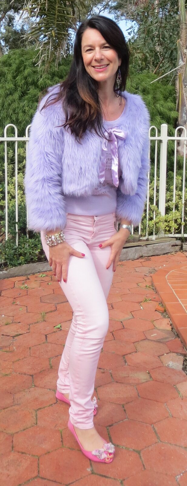 Pink jeans, lavendar top