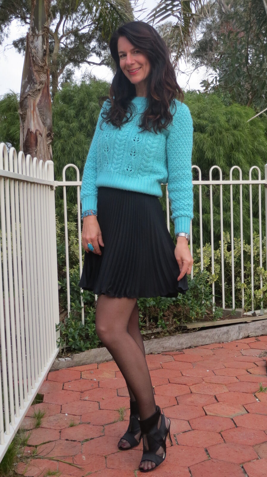 turquoise knit, heels
