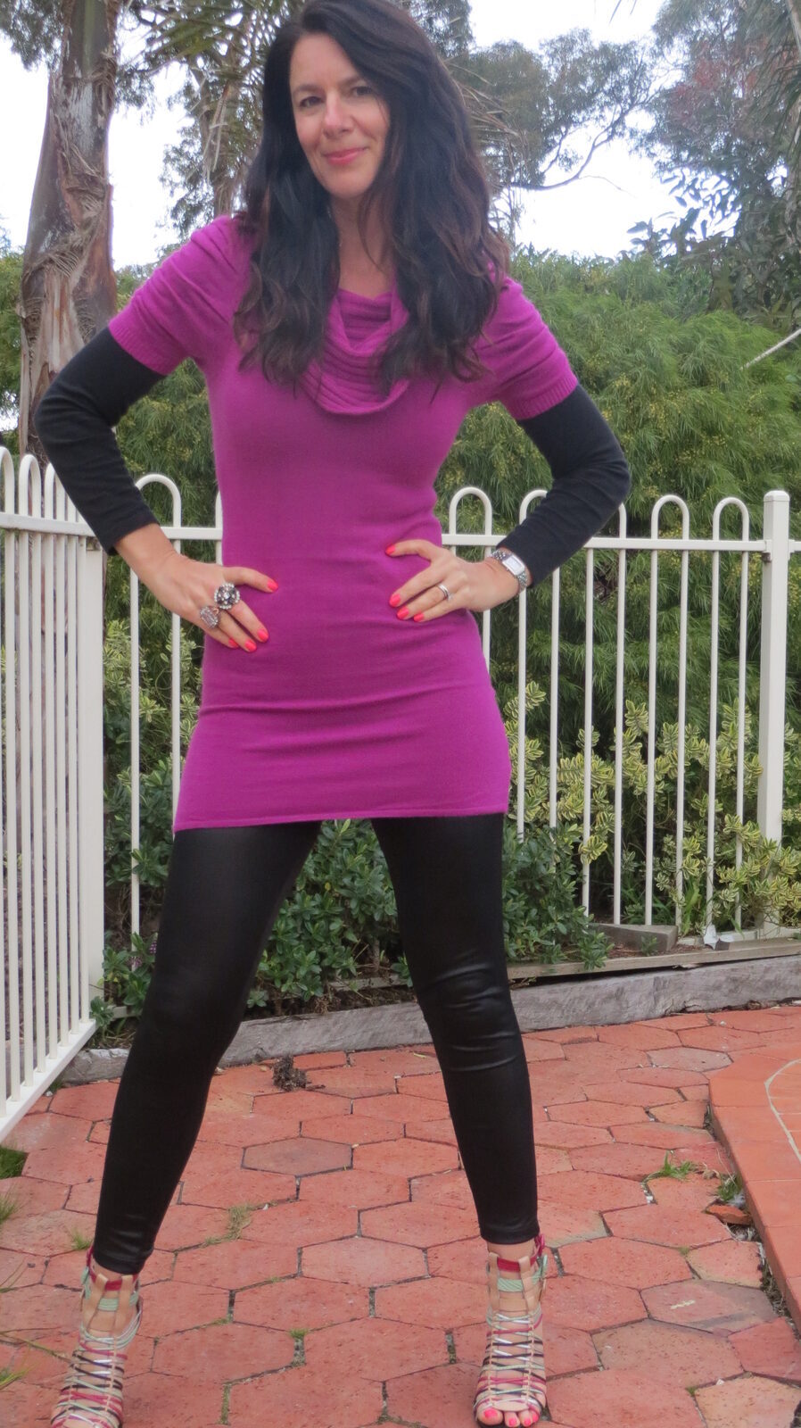 Fuchsia dress, leather leggings