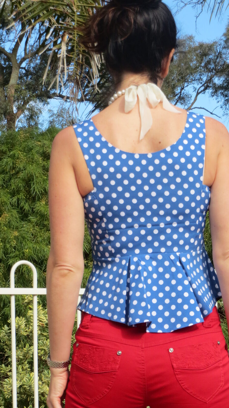 Peplum top, red jeans 5