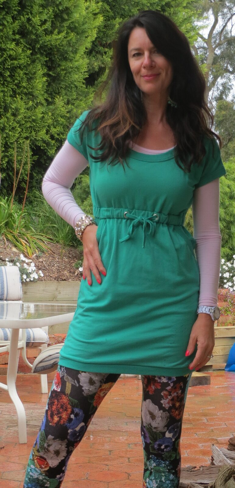 Green dress, floral leggings close