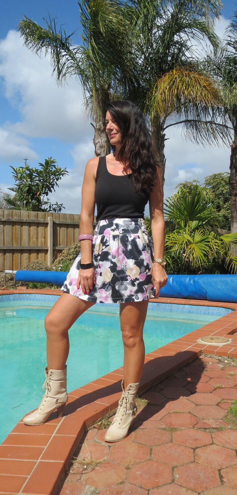 Beige boots, floral skirt 2