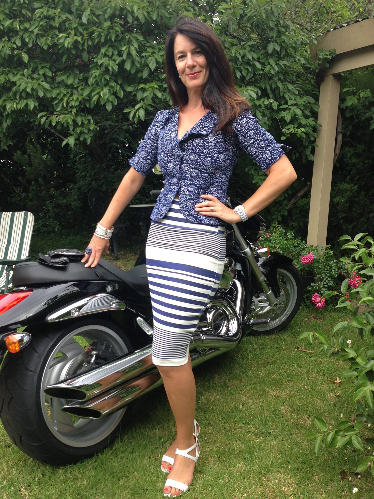 Motorbike-blue & white striped skirt 2