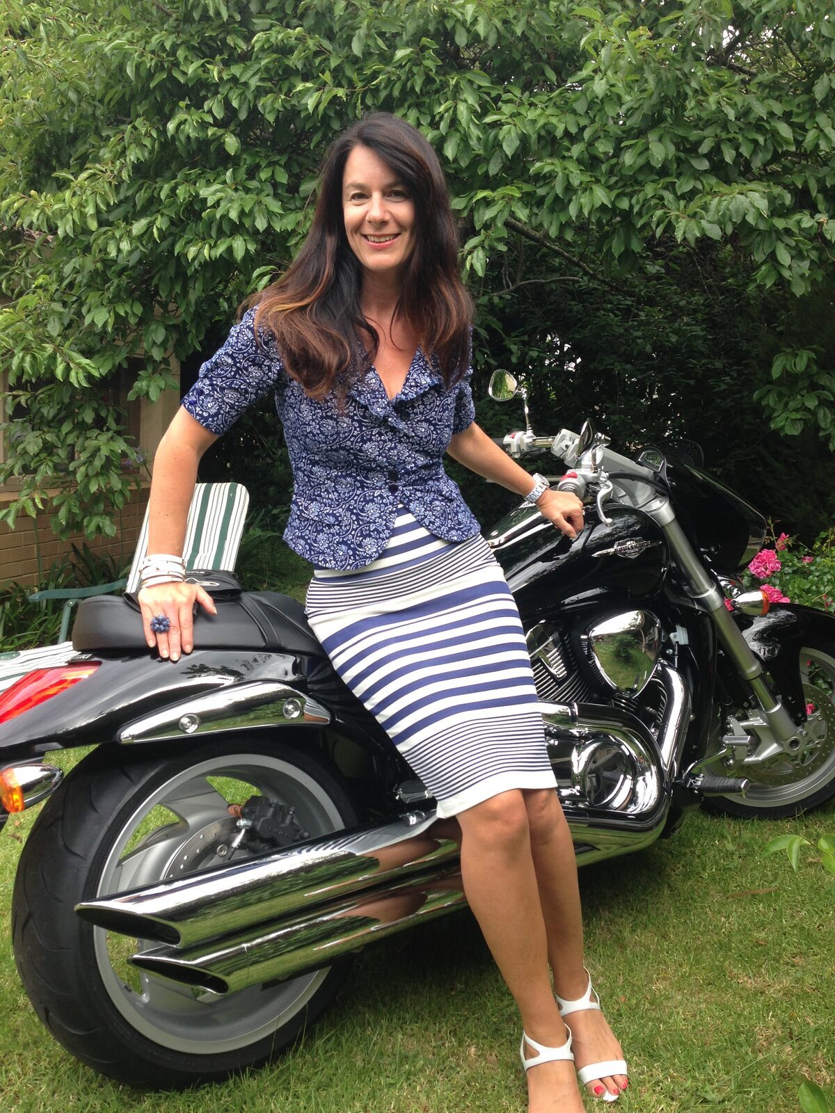 Motorbike -blue & white striped skirt