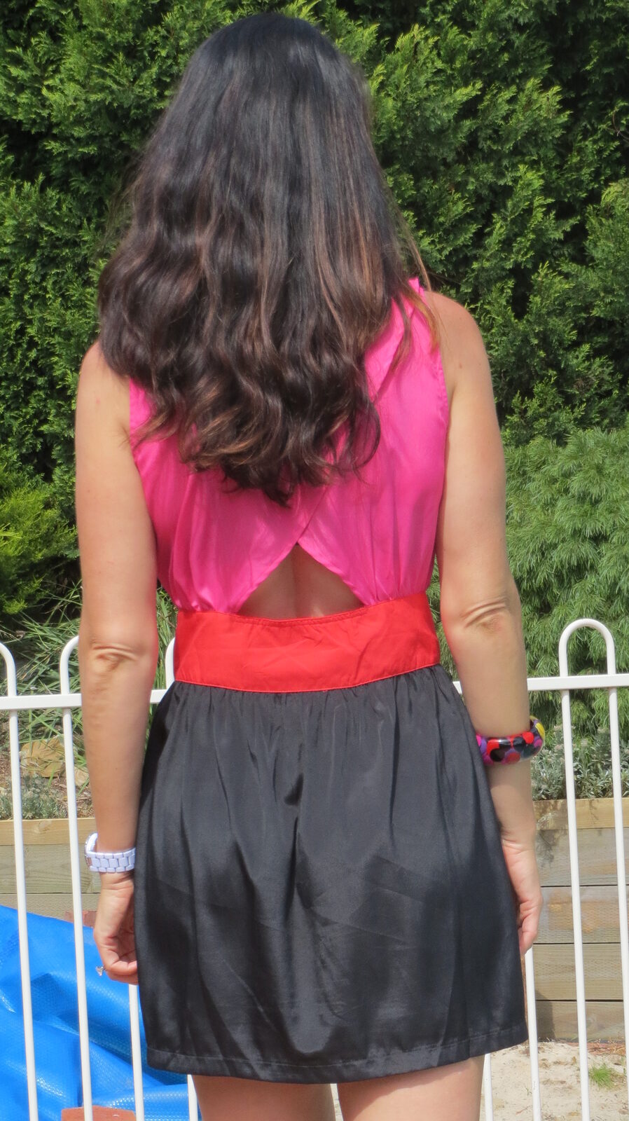 Pink, red, black dress back close
