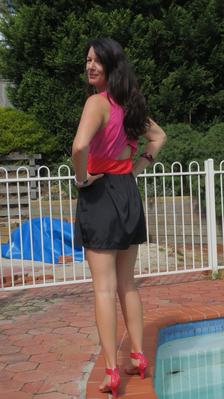 Pink, red, black dress back