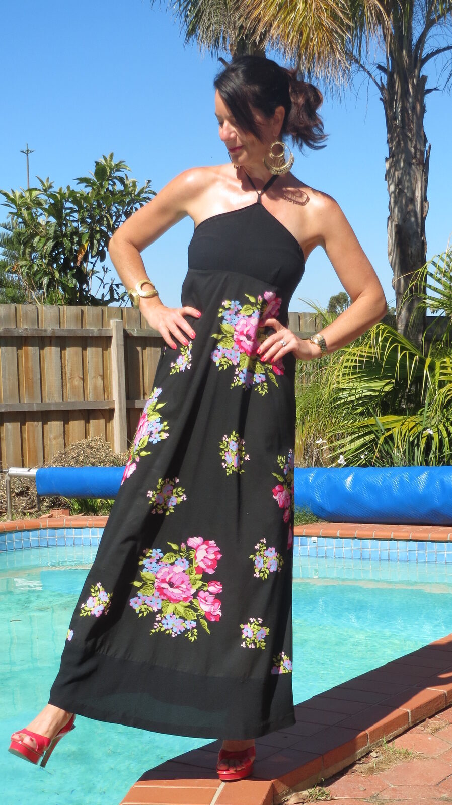 Vintage floral maxi, pink heels