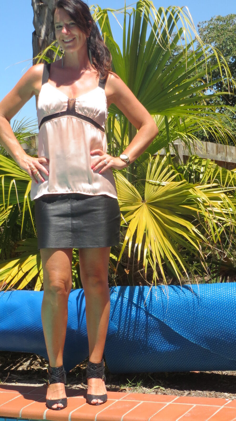 Black leather skirt, silk top 2