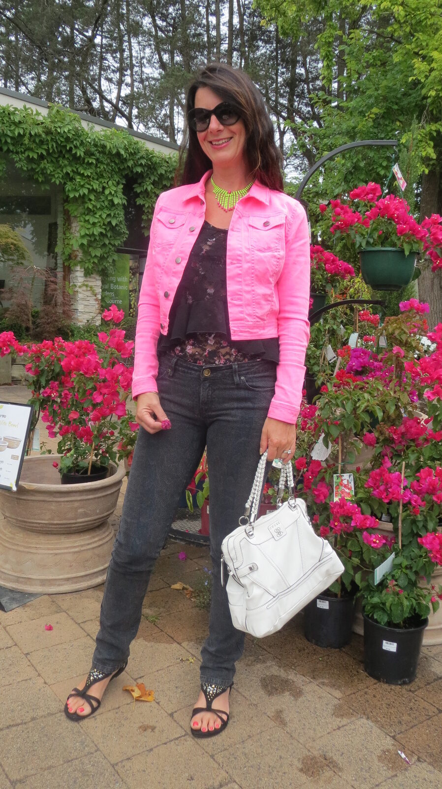 Black snake jeans, neon pink jkt 1