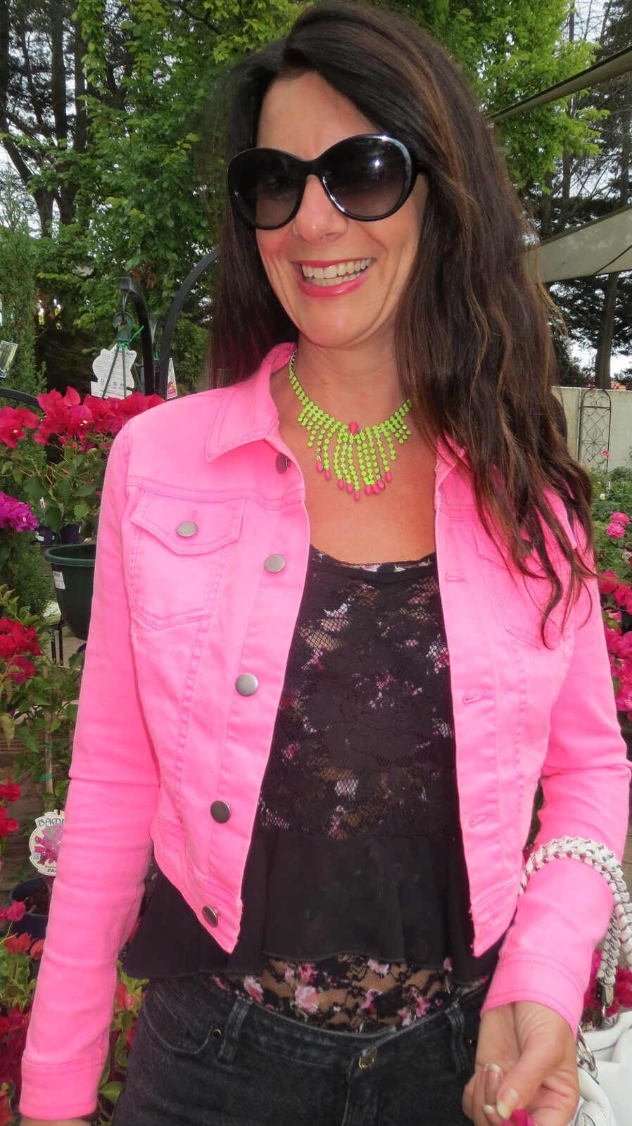 Black snake jeans, neon pink jkt close 3