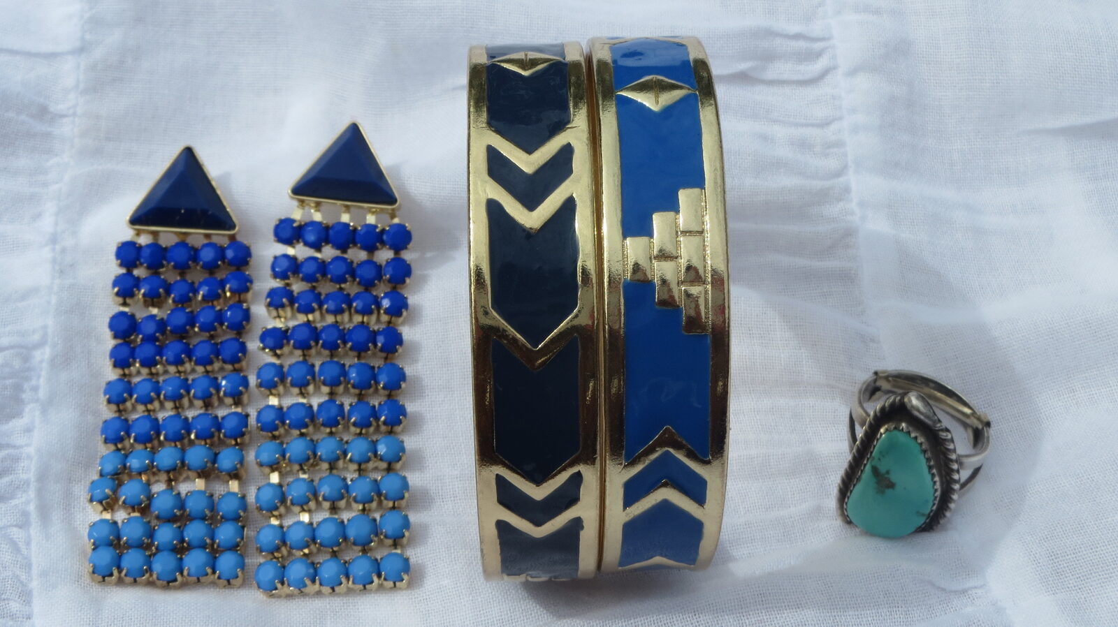Blue Diva earrings, bangles, turquoise ring