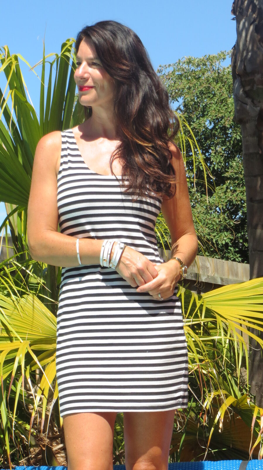Cut-out black, white striped dress