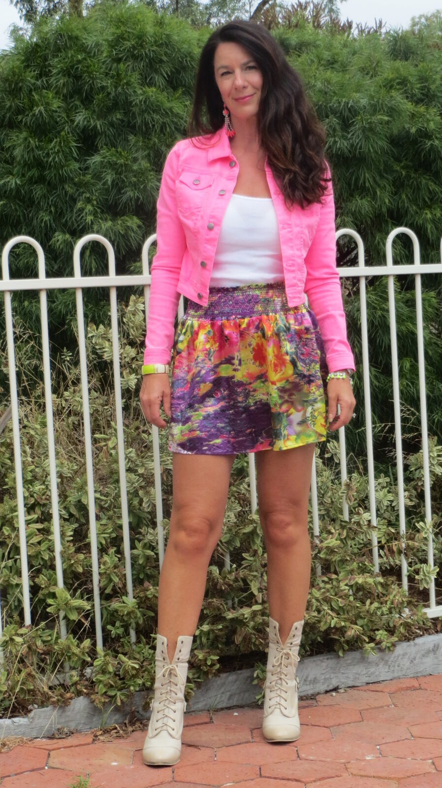 Neon pink jkt, color silk skirt, boots 5