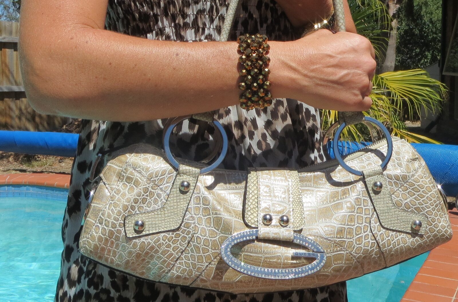 Copper Diva cuff, Guess bag