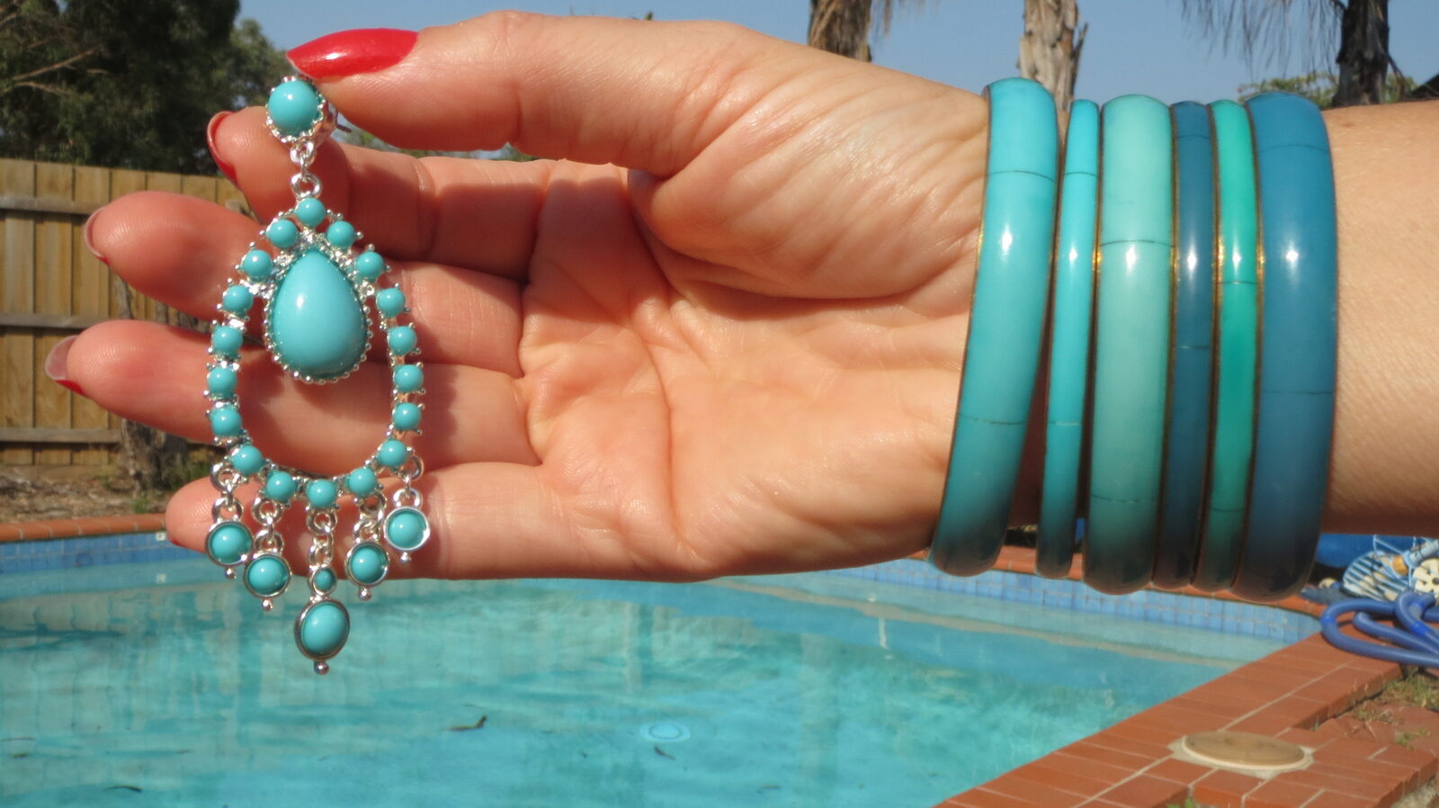 Green Diva chandelier earrings, matching bracelets