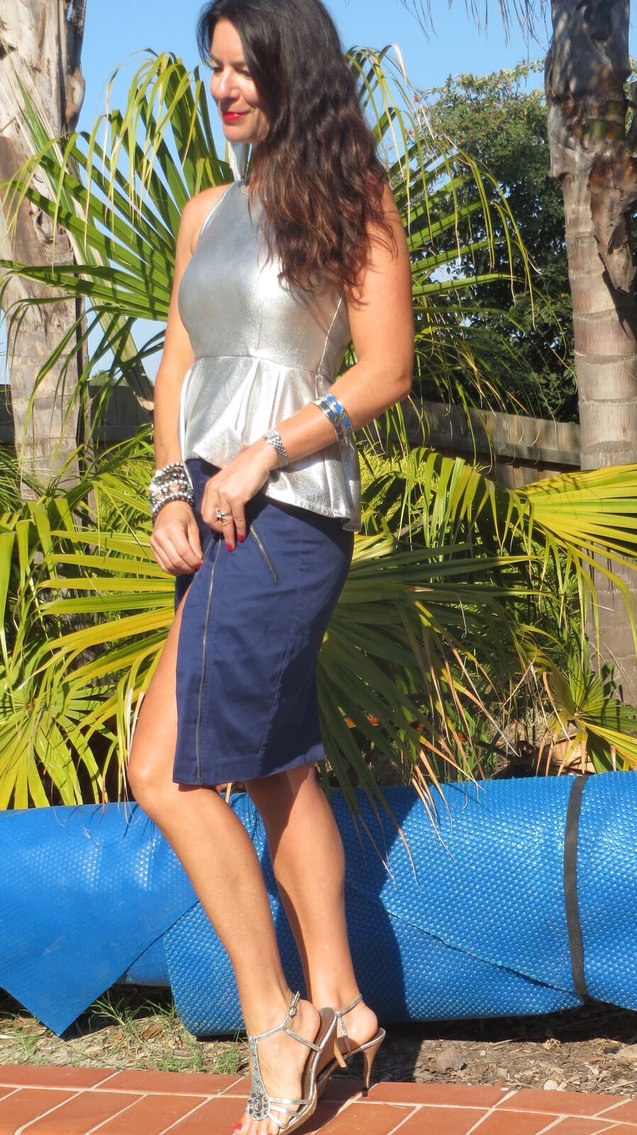 Silver peplum top, blue zip skirt 3