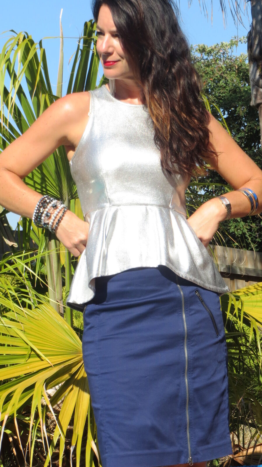 Silver peplum top, blue zip skirt 4