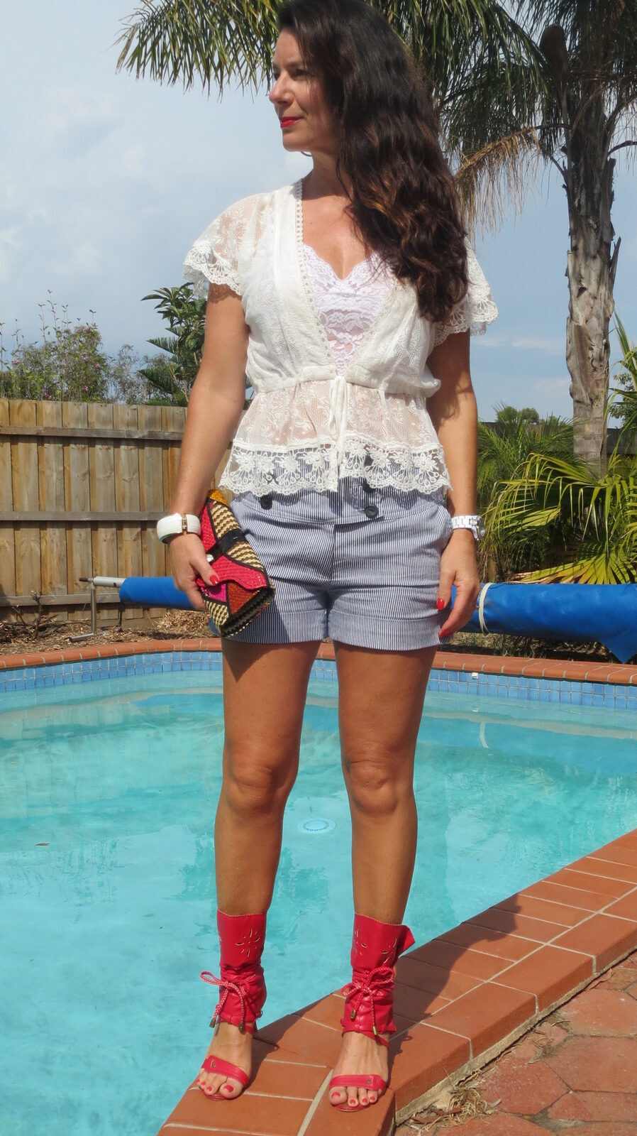 White lace, blue striped shorts 1