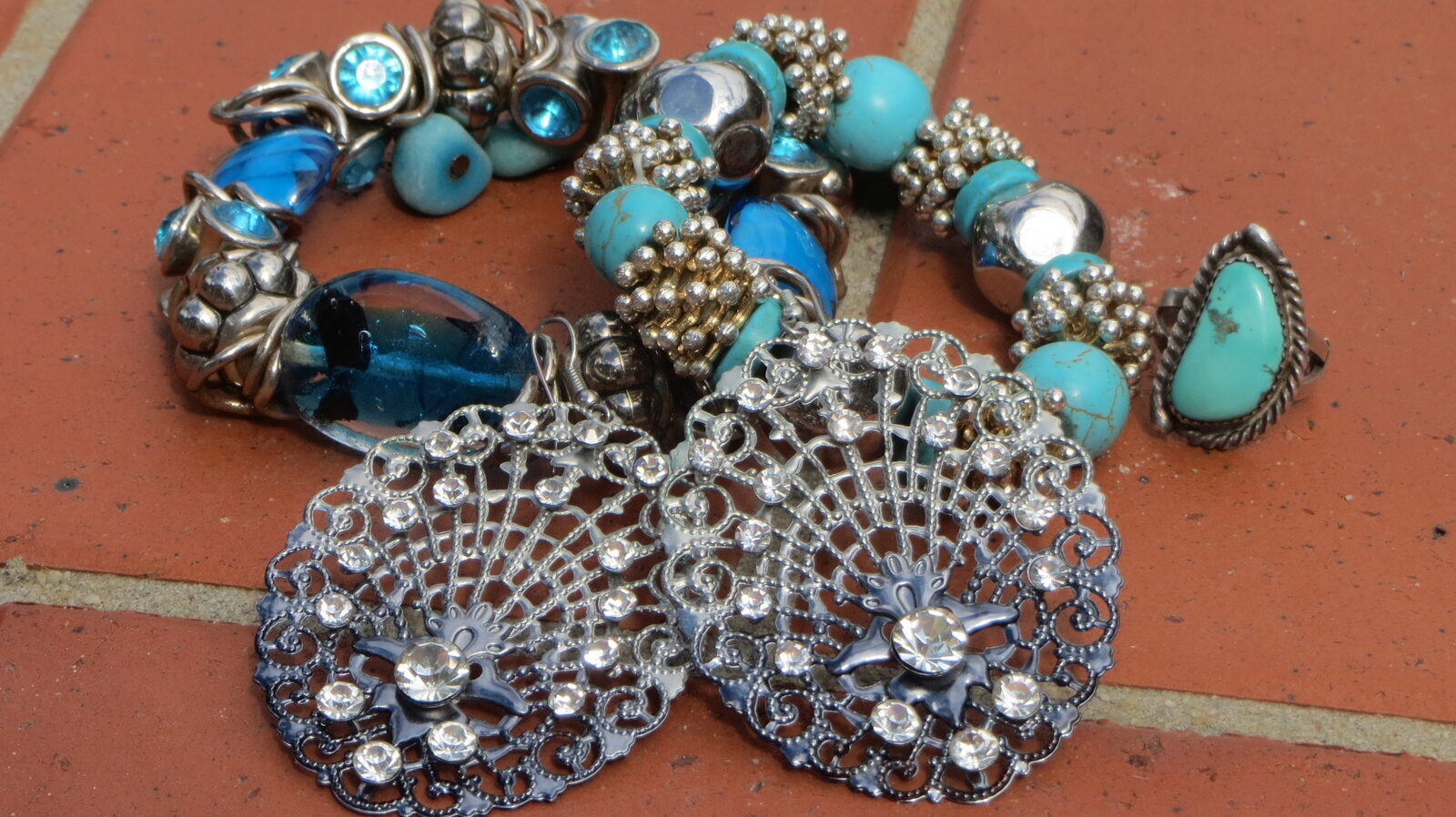Blue & silver chunky bracelets, ring & earrings