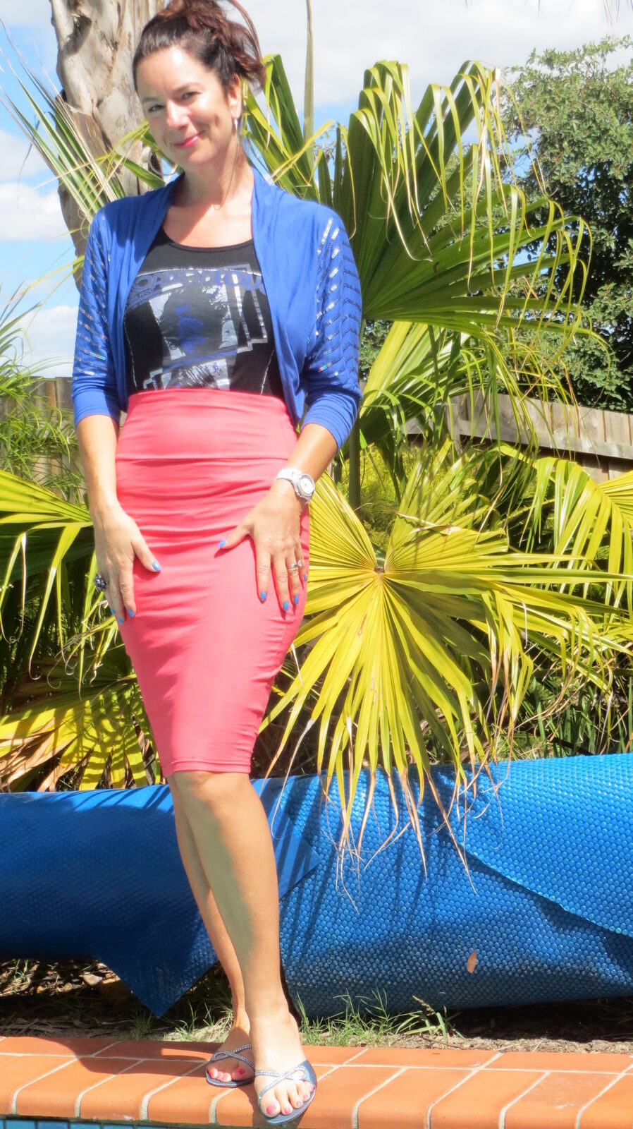 Watermelon pencil skirt, blue bolero 1