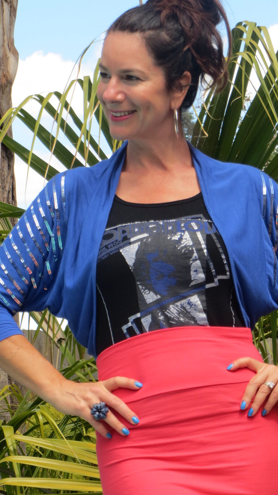 Watermelon pencil skirt, blue bolero 3