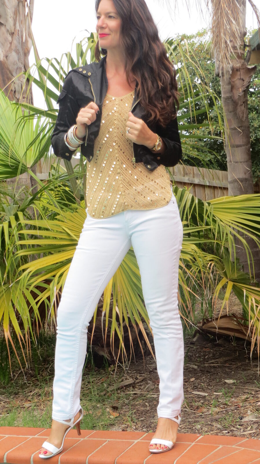 White jeans, gold sequin top 1
