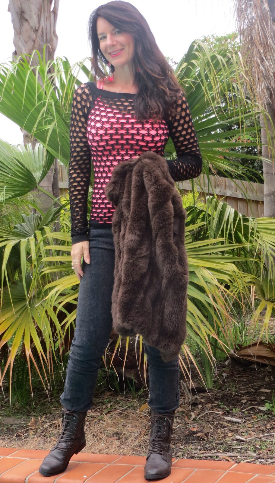 Brown fur vest, snakeskin jeans 2