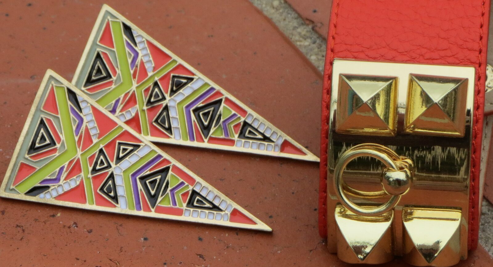 Orange cuff, triangle earrings