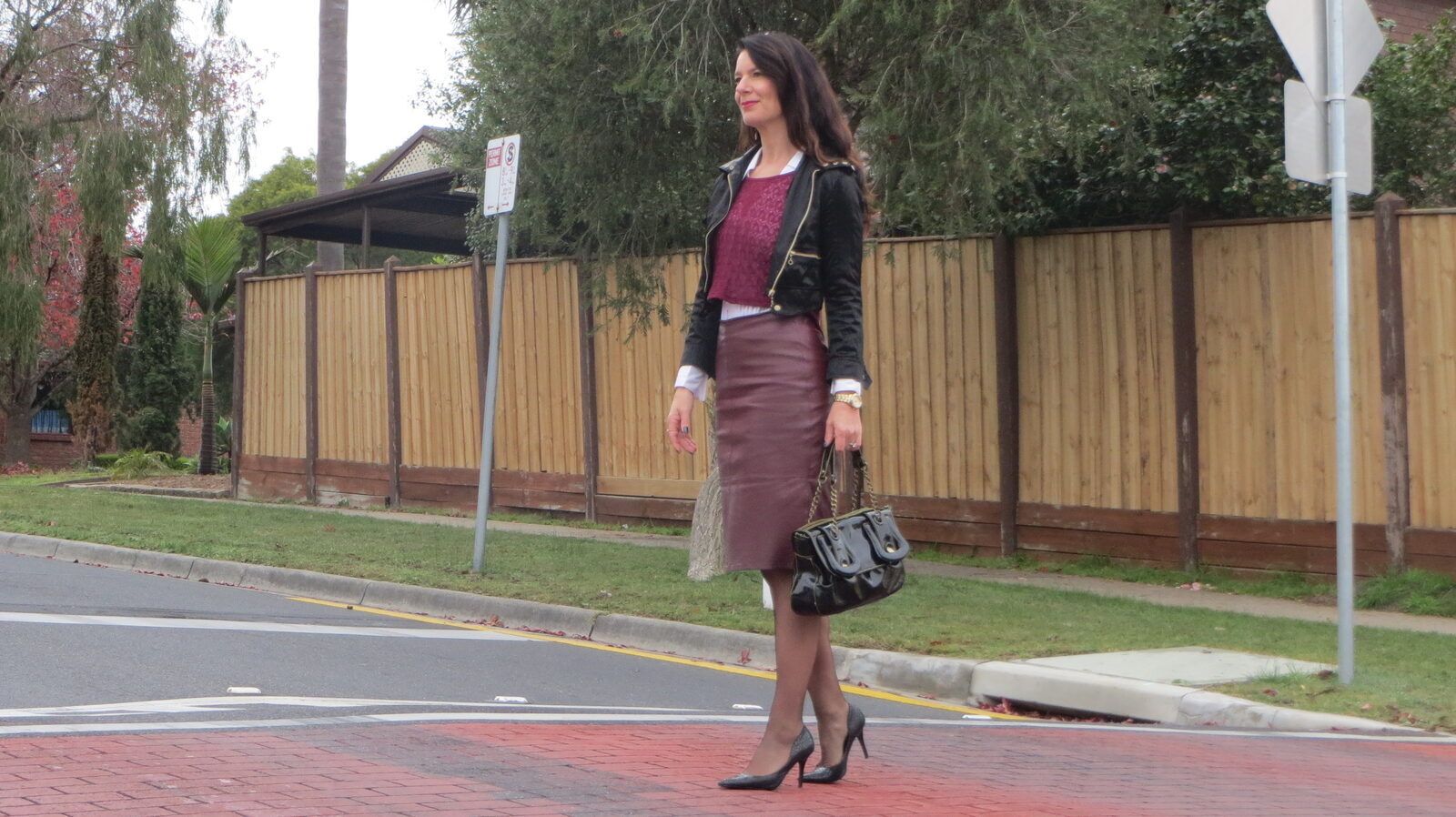 Bardot grape top & leather skirt 1