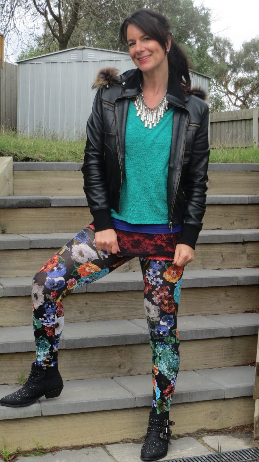 Floral leggings, silver neckpiece 1