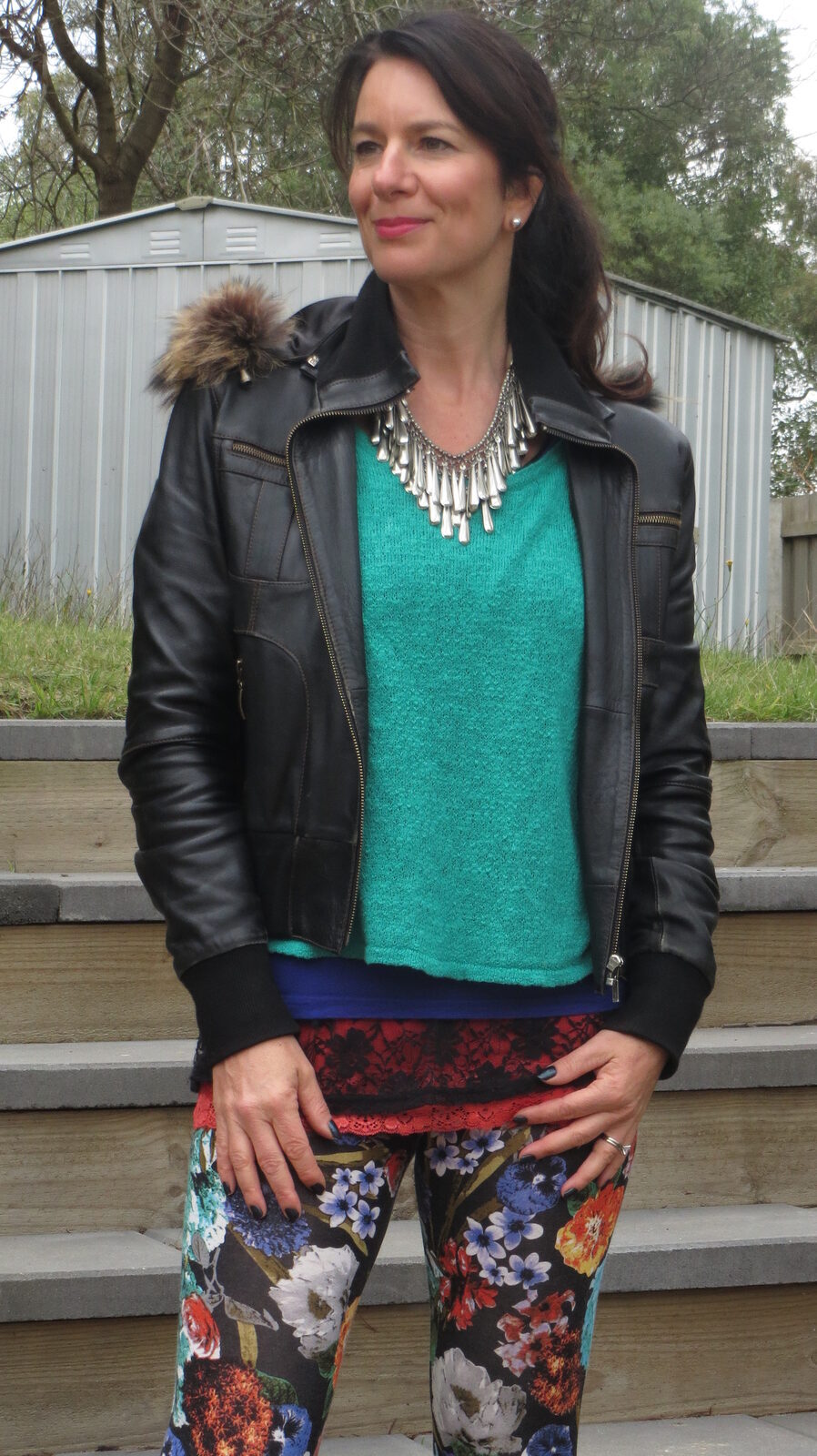 Floral leggings, silver neckpiece 2