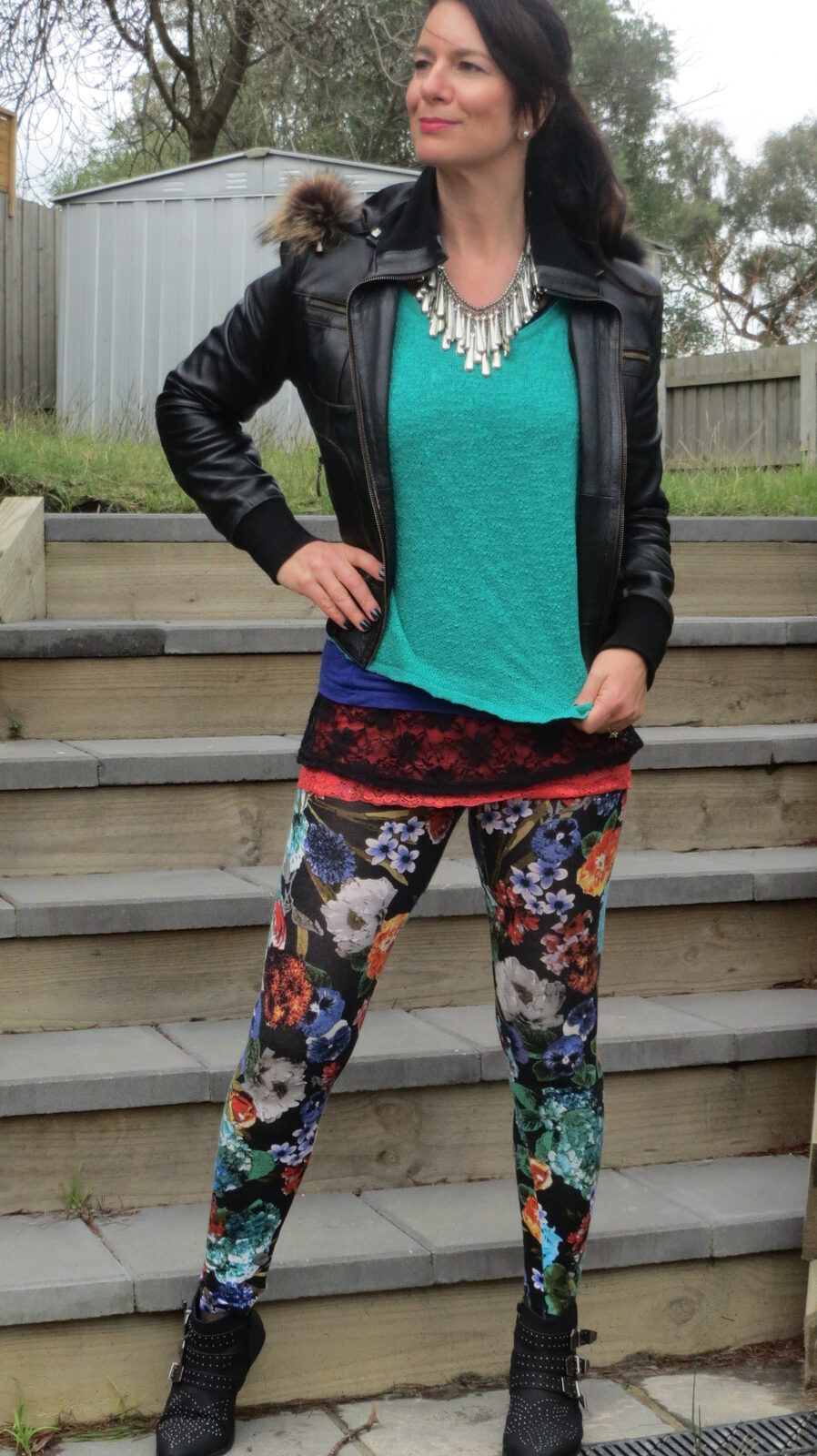 Floral leggings, silver neckpiece 4