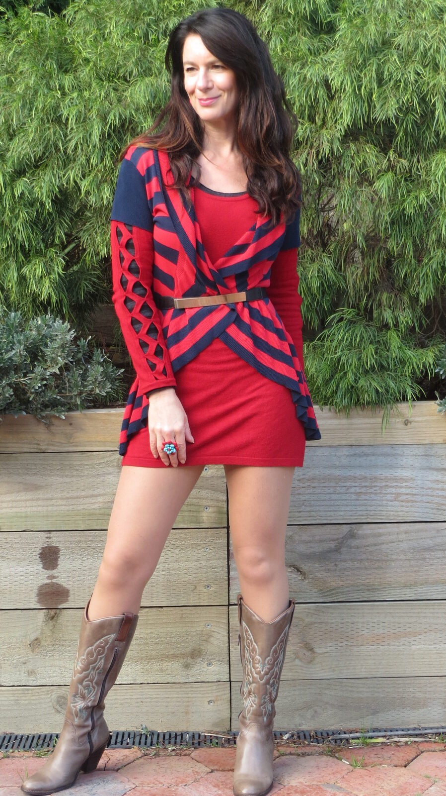 Red dress, cowboy boots 1