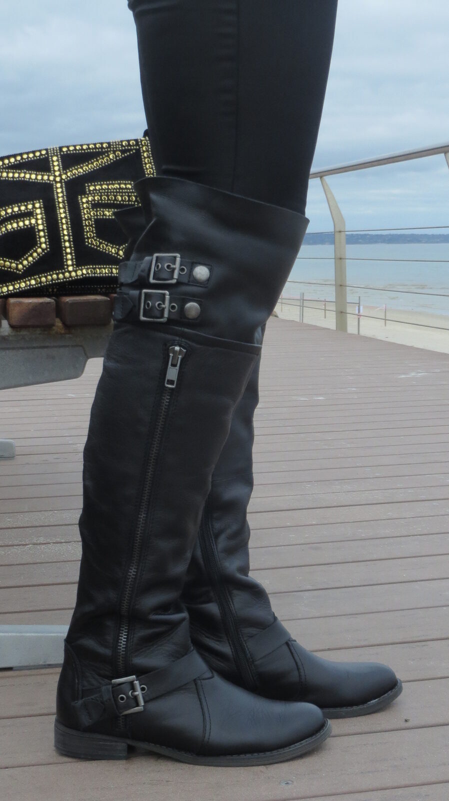 Over knee boots, stud handbag
