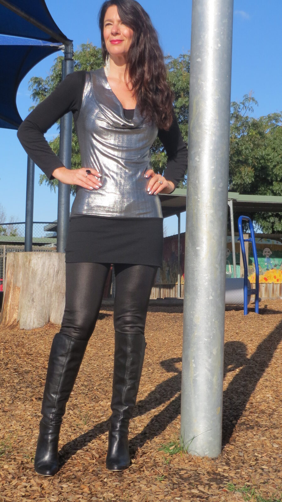 Silver top, black shiny legs 2