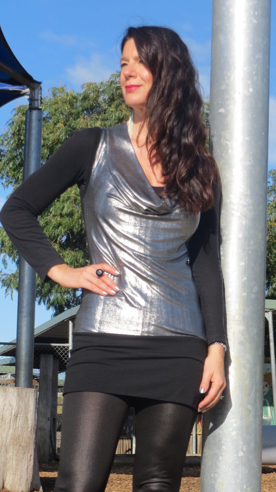 Silver top, black shiny legs 4