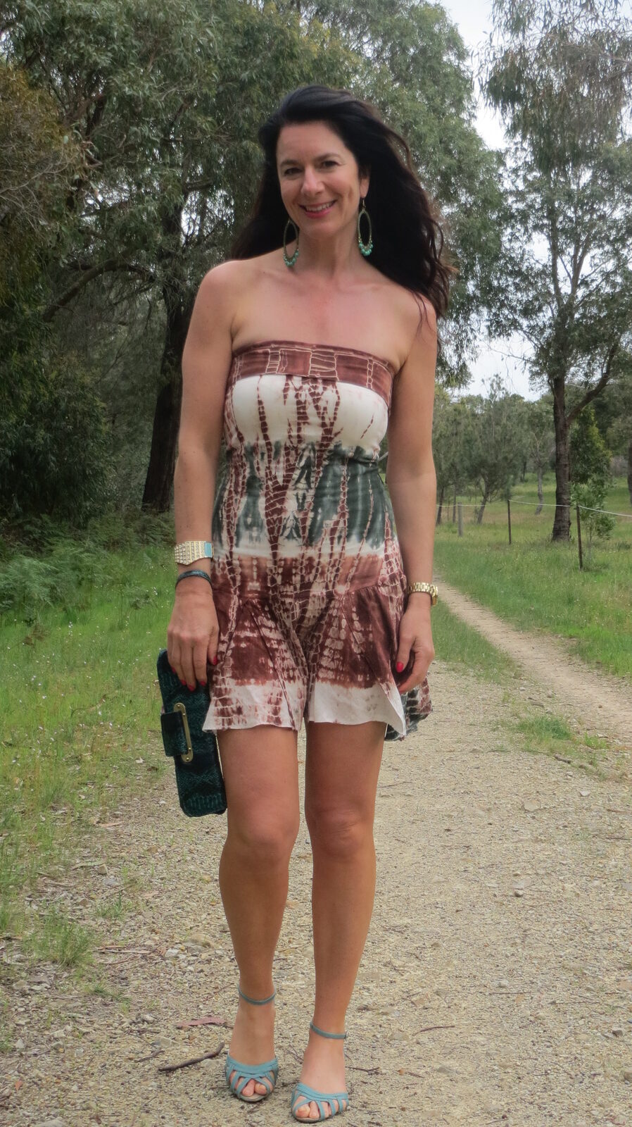 Tie-dye dress, green sandals 2