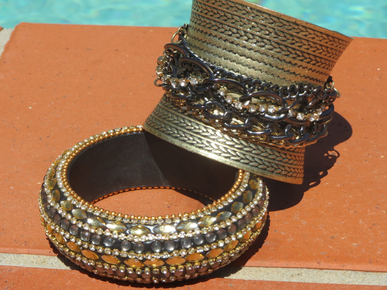 Gold cuff, embellished bangle