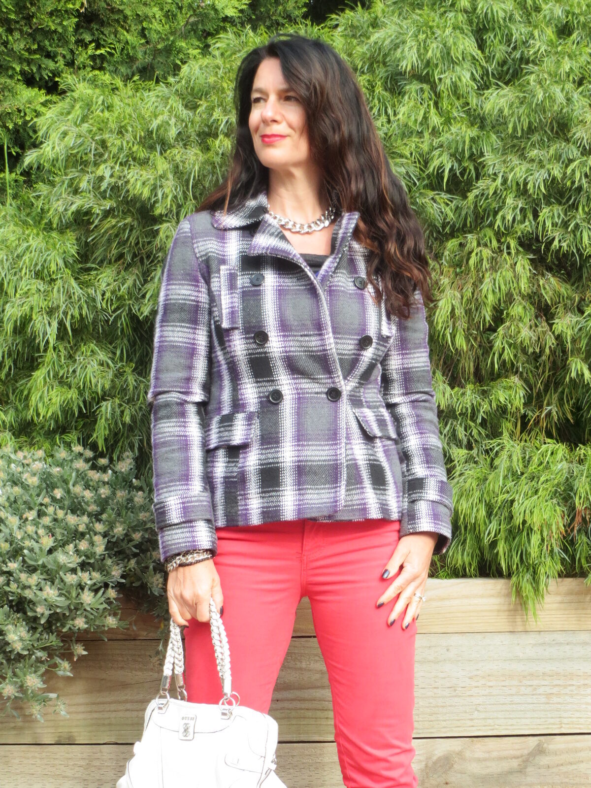 Red jeans, check jkt 3