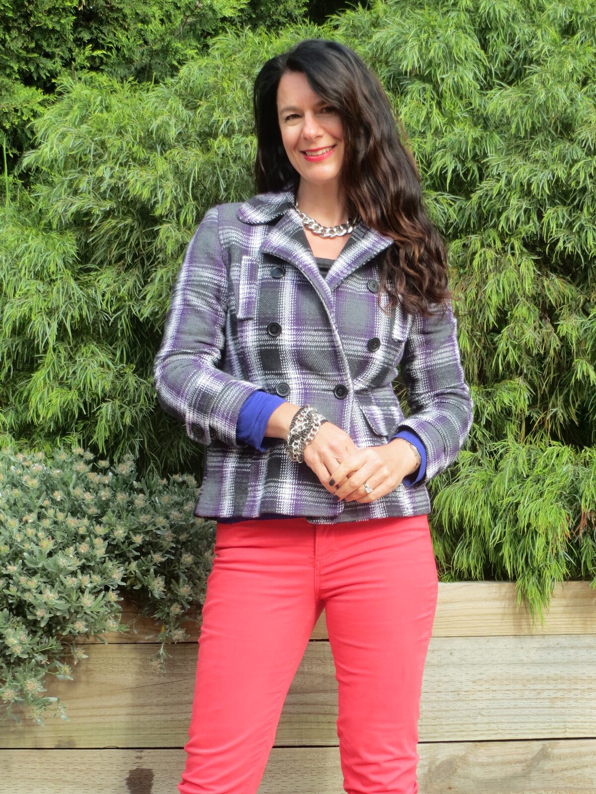 Red jeans, check jkt 5