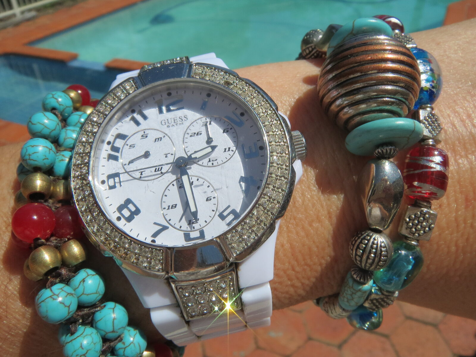 White watch, blue beads