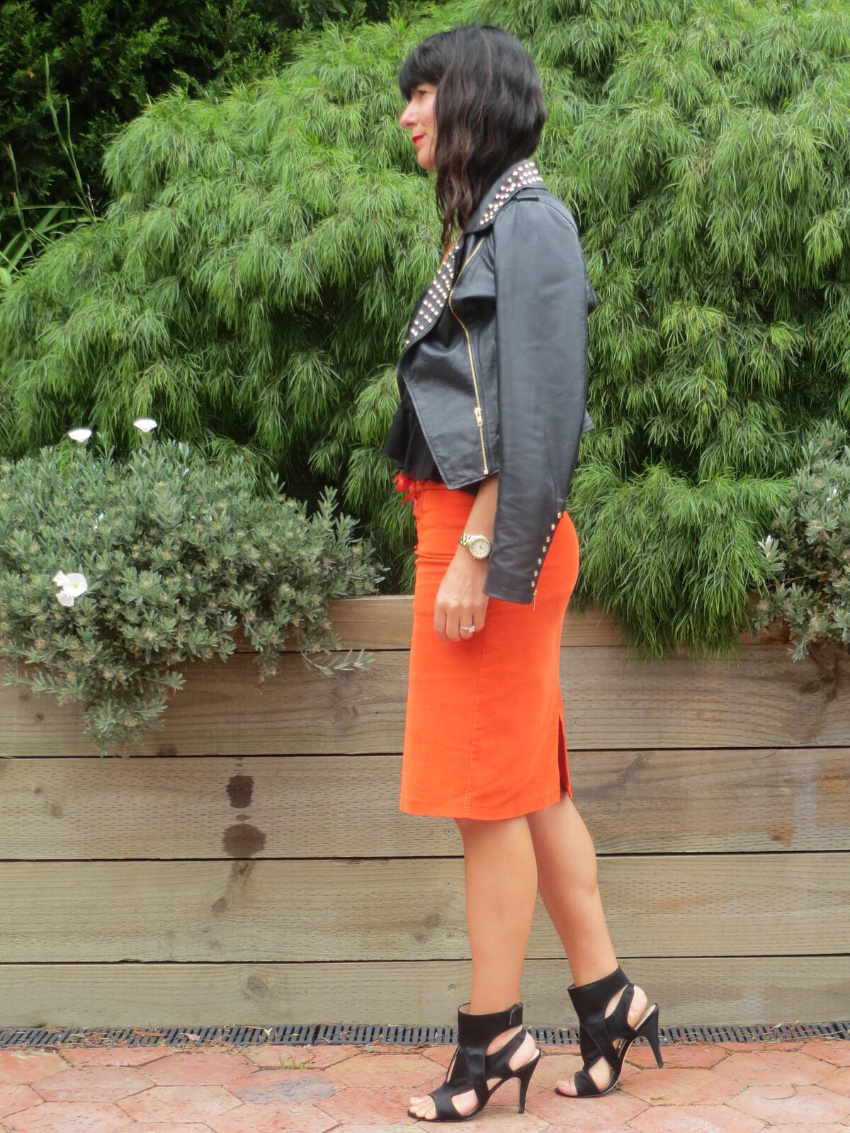 Orange skirt, black leather 2