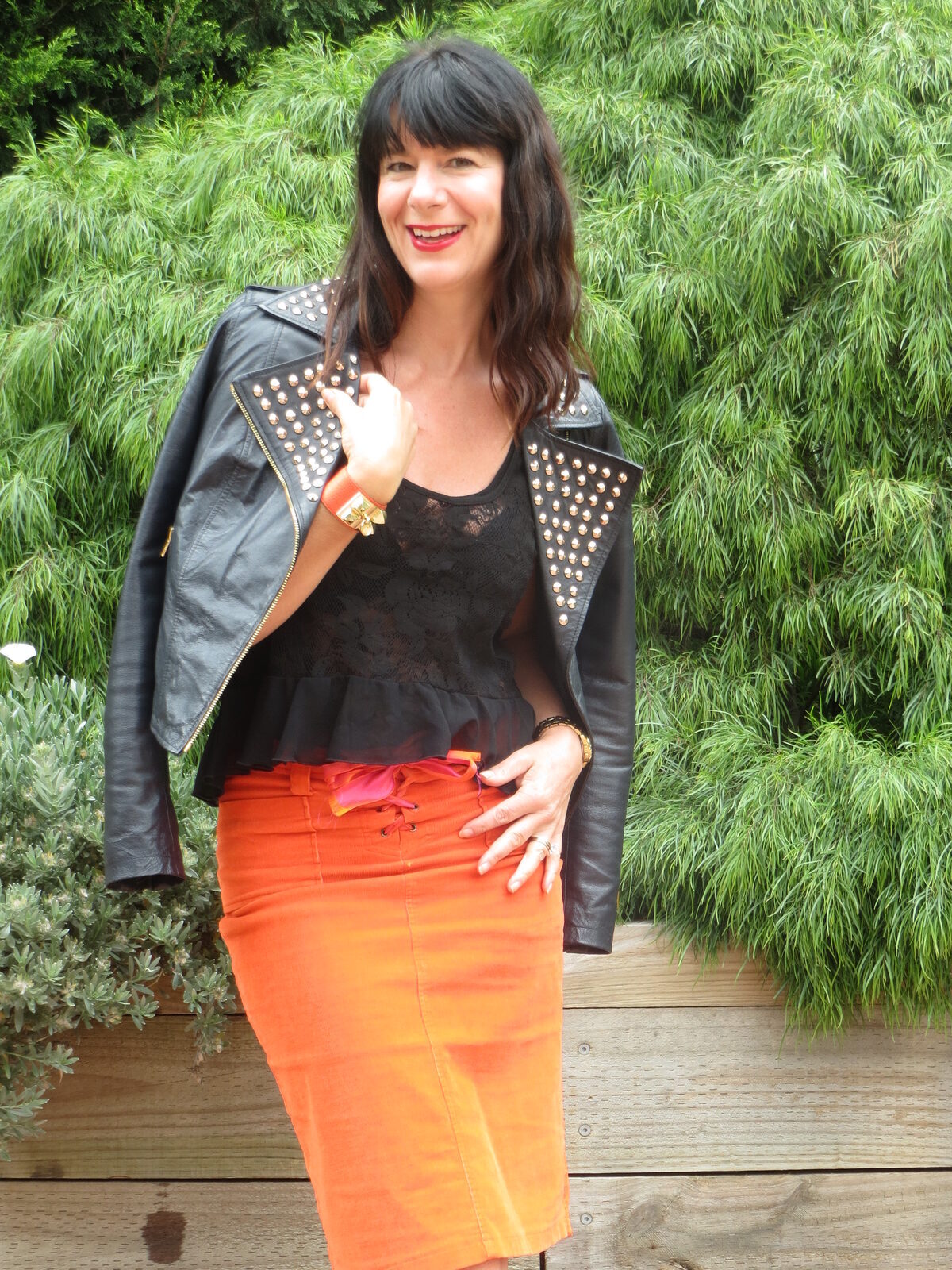 Orange skirt, black leather 3