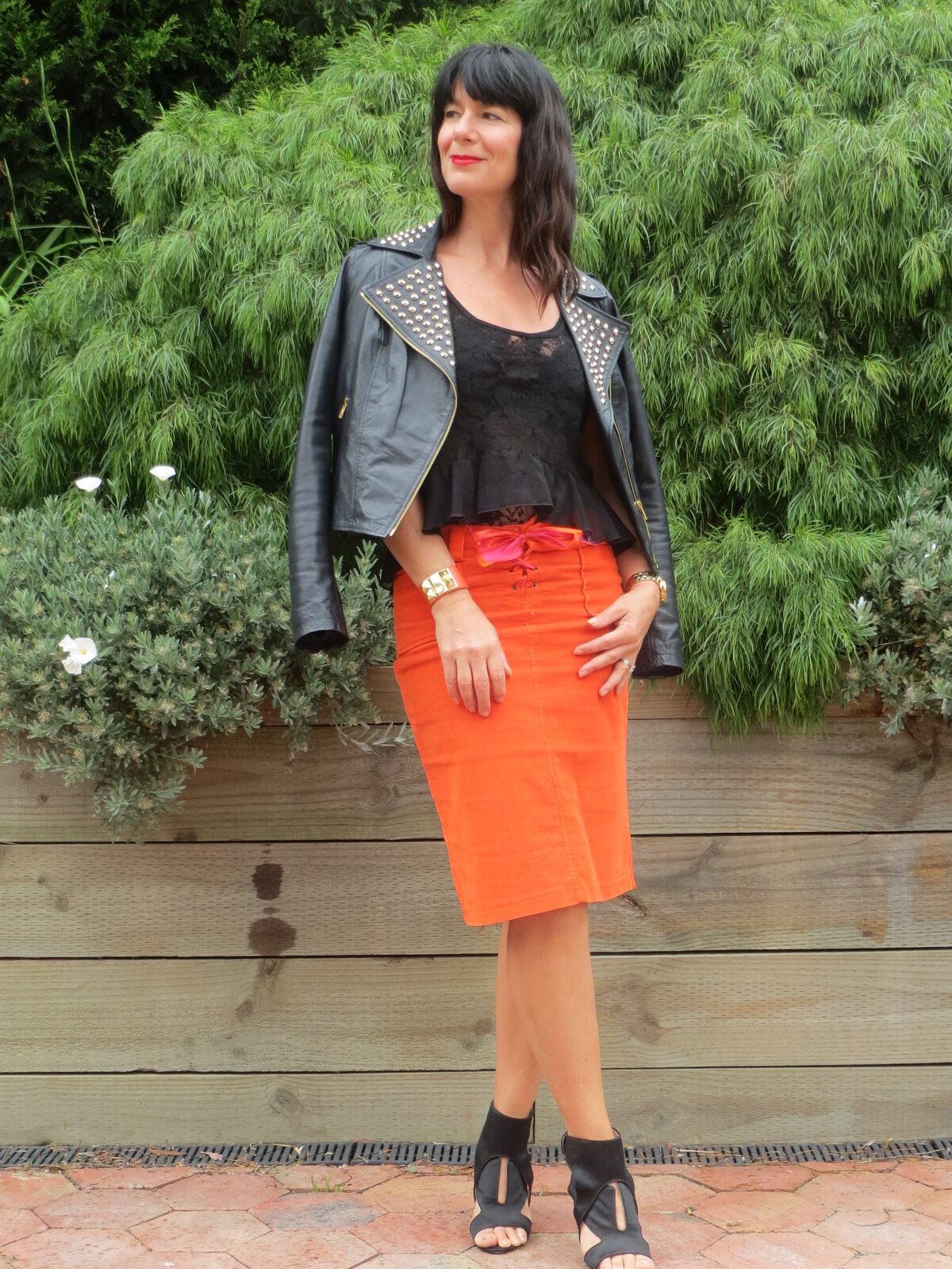 Orange skirt, black leather 5