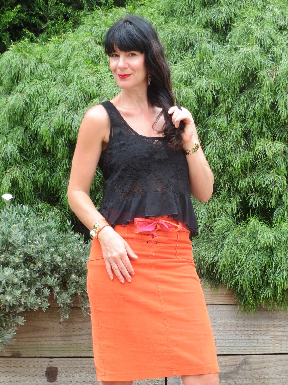 Orange skirt, black leather 6