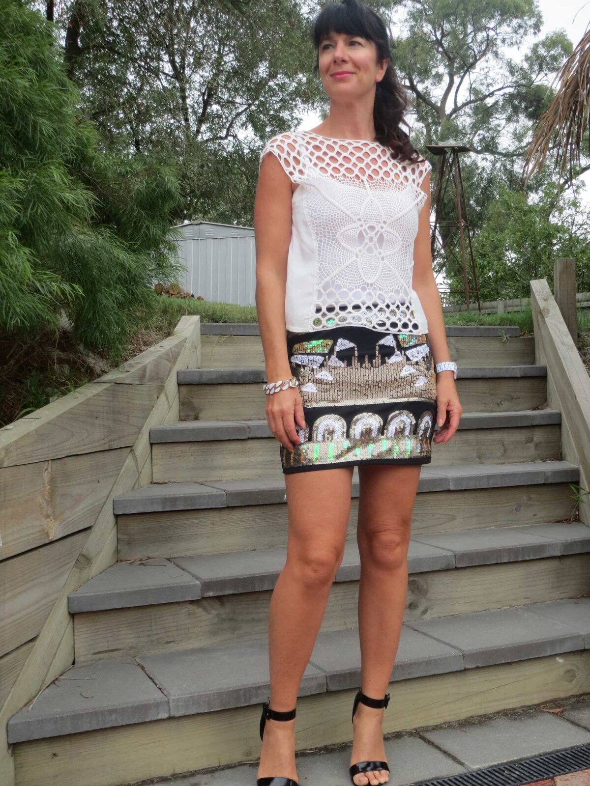 Sequin skirt, white perforated top 1